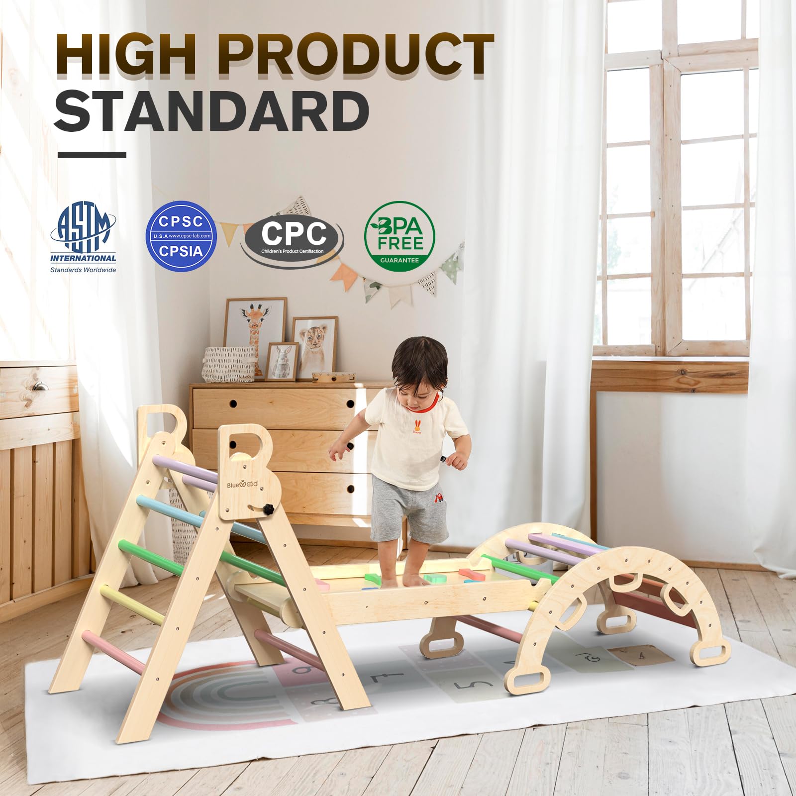 BlueWood 7-in-1 Foldable Pikler Triangle Set with Arch, Ramp & Ladder - Montessori Climbing Toy for Toddlers 1-3 Years | Indoor Jungle Gym for Kids | Rainbow Wooden Climber for Home Playroom & Daycare