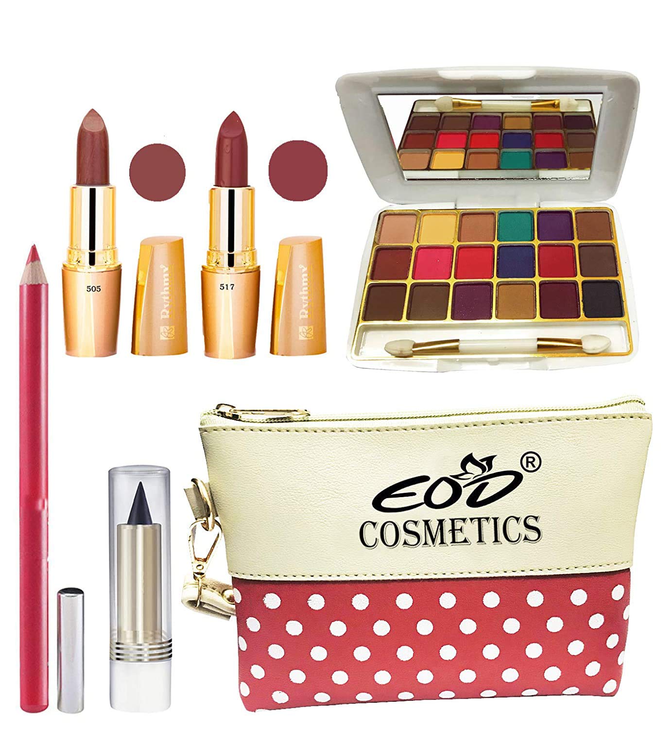 EOD True Color Beauty Combo Set - 2 Creamy Matte Lipsticks, 18-Color Eyeshadow Palette, Lip Pencil & Kajal with Makeup Pouch | Perfect for Everyday Glam & Party Makeup Looks