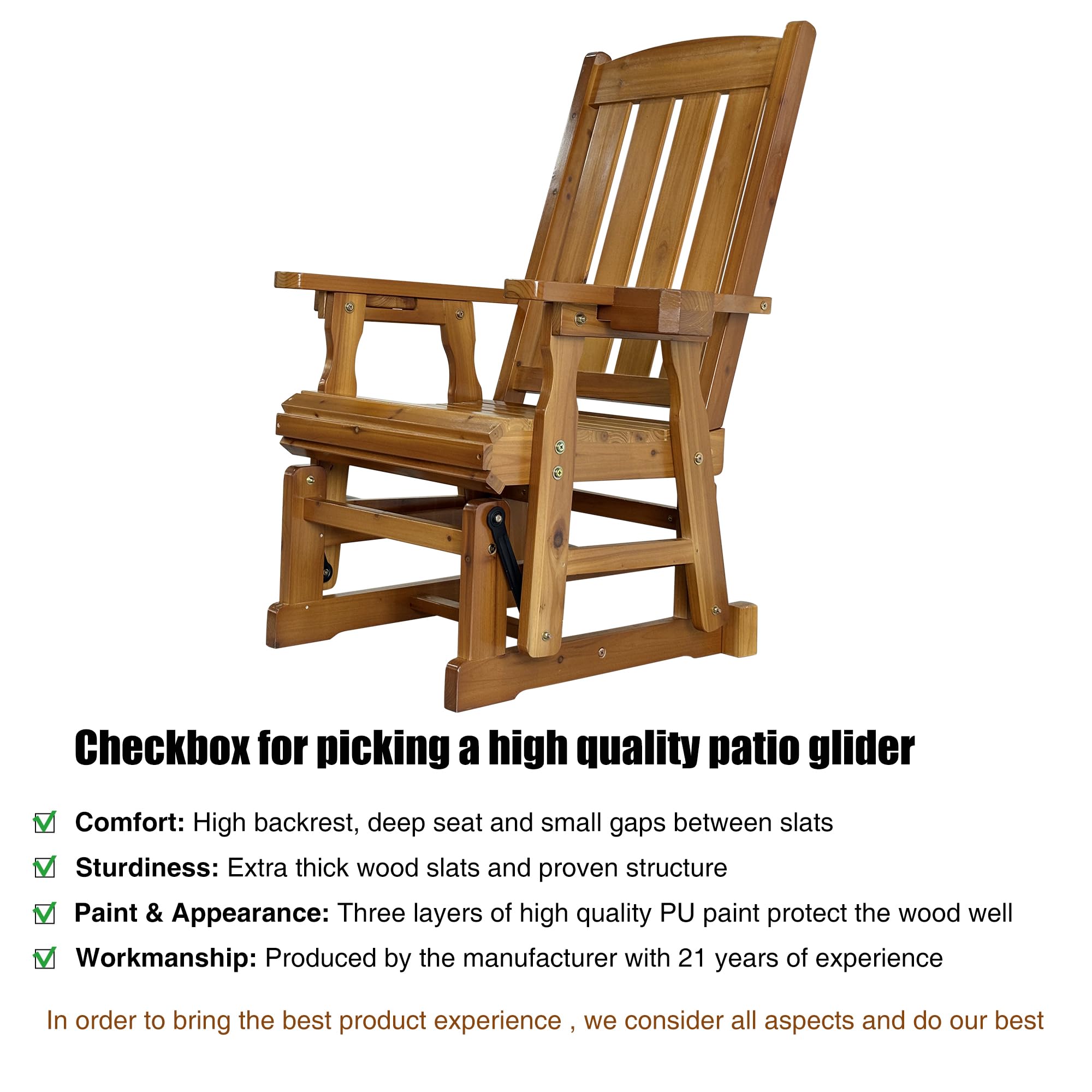 Fortune Candy Solid Fir Wood Patio Glider - Heavy Duty 600 lbs Capacity, High Back & Deep Contoured Seat for One Person (Cedar Tone) - Perfect for Porch, Deck, Garden Relaxation & Outdoor Lounging