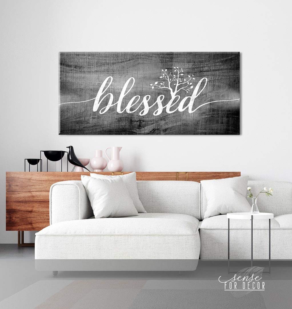 Christian Wall Art - Blessed Word Sign & Thankful Quotes Religious Wall Decor | 42x19 Inch Grey | Perfect for Home, Church & Office Inspiration