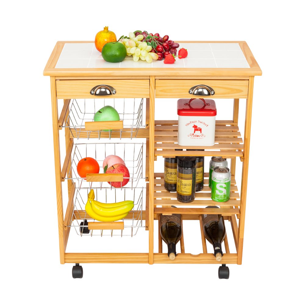 Simply-Me Wooden Kitchen Cart with Drawers, Wine Rack & Baskets - Portable Rolling Kitchen Island for Storage & Dining | Perfect for Small Kitchens, Apartments & Entertaining Guests
