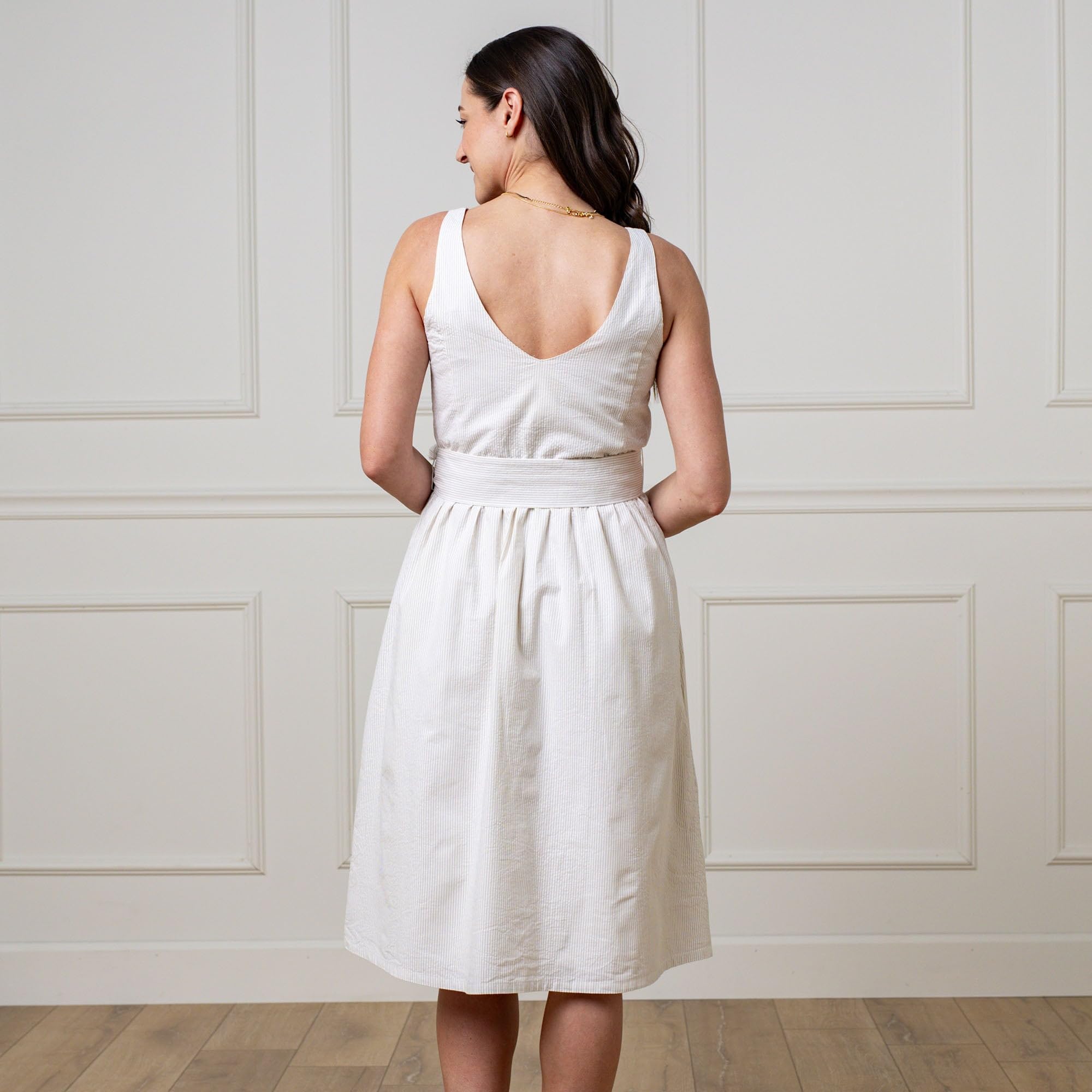Hope & Henry Women's Sleeveless A-Line Dress with Adjustable Waist Sash - Flowy Summer Dress for Beach, Wedding & Casual Wear