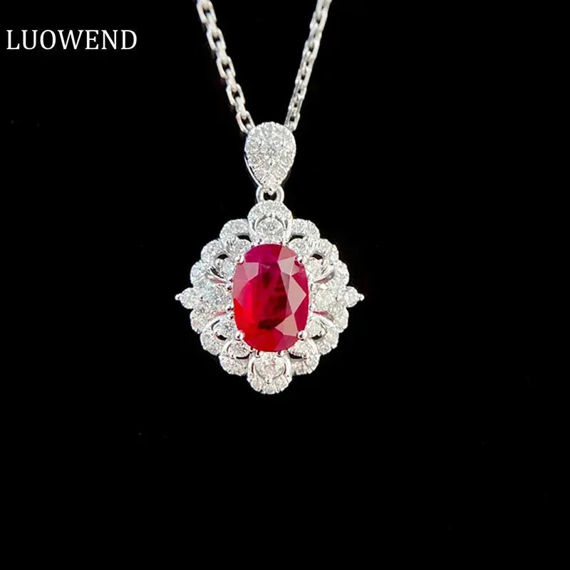 18K White Gold Luxury Necklace with Natural Ruby & Real Diamonds - Elegant Shiny Gemstone Jewelry for Women - Perfect for Weddings, Parties & Special Occasions
