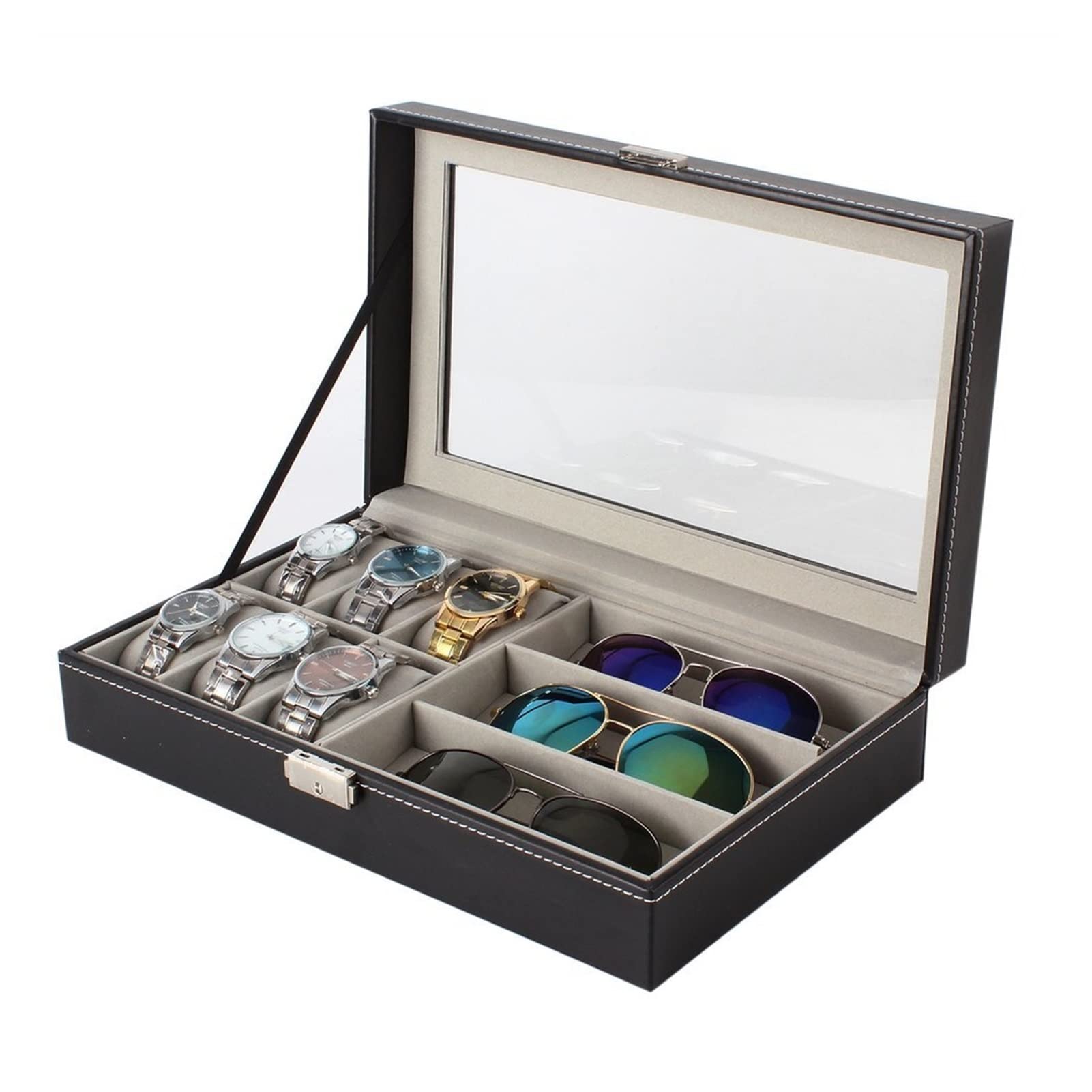 TOMYEUS PU Leather Watch Box Organizer - 6 Slot Watch Storage & 3 Slot Eyeglass Holder - Jewelry Display Case for Home, Travel, and Office Organization