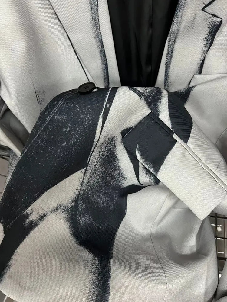 Stylish Abstract Print Blazer for Women - Notched Collar Long Sleeve Patchwork Button Jacket | Office Wear, Business Casual & Evening Outfits