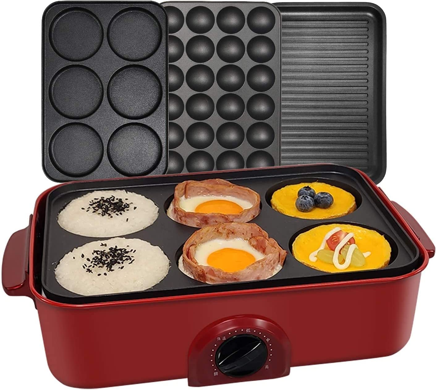 3-in-1 Electric Griddle & Skillet Set - Nonstick Baking Pan, Takoyaki Maker & Pancake Maker with 3 Interchangeable Plates (Red) - Perfect for Breakfast, Desserts & Party Snacks