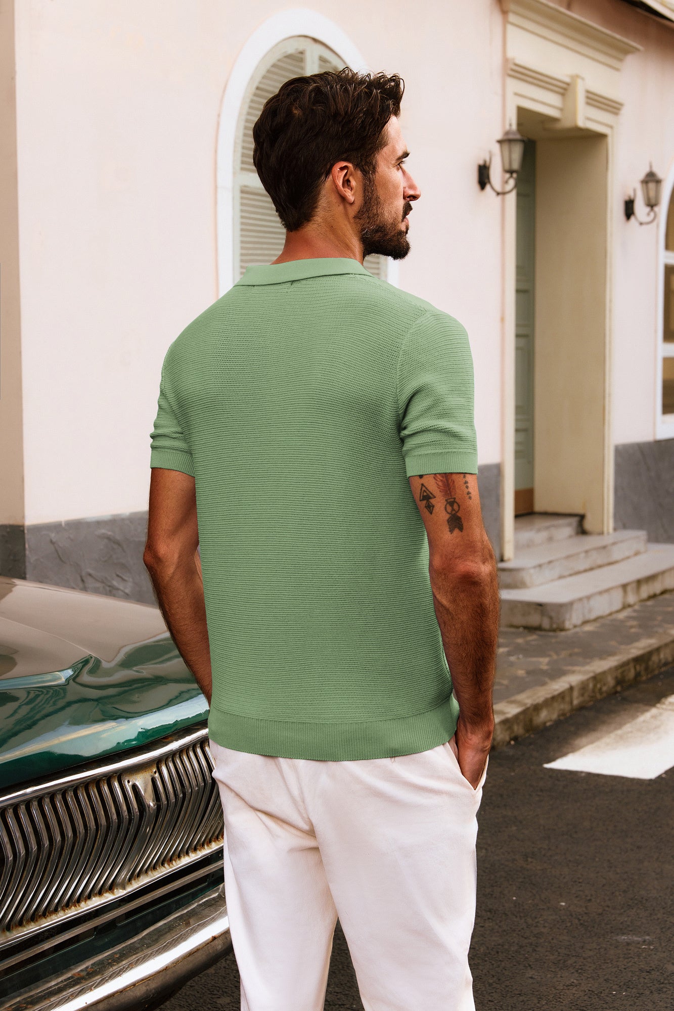 Men's Textured Knitted Polo Shirt - Short Sleeve Lapel Collar V-Neck Casual Top for Summer, Work & Outdoor Activities