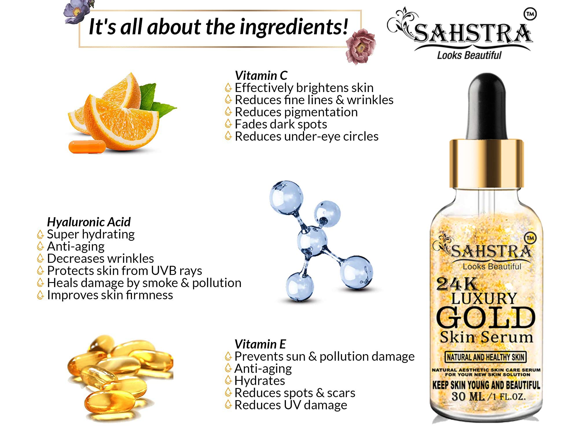 SAHSTRA 24K Gold Facial Serum - Anti-Aging Skin Booster for Women & Men (30ml) | Hydrating & Brightening Face Treatment for Glowing Skin | Day & Night Skincare Routine