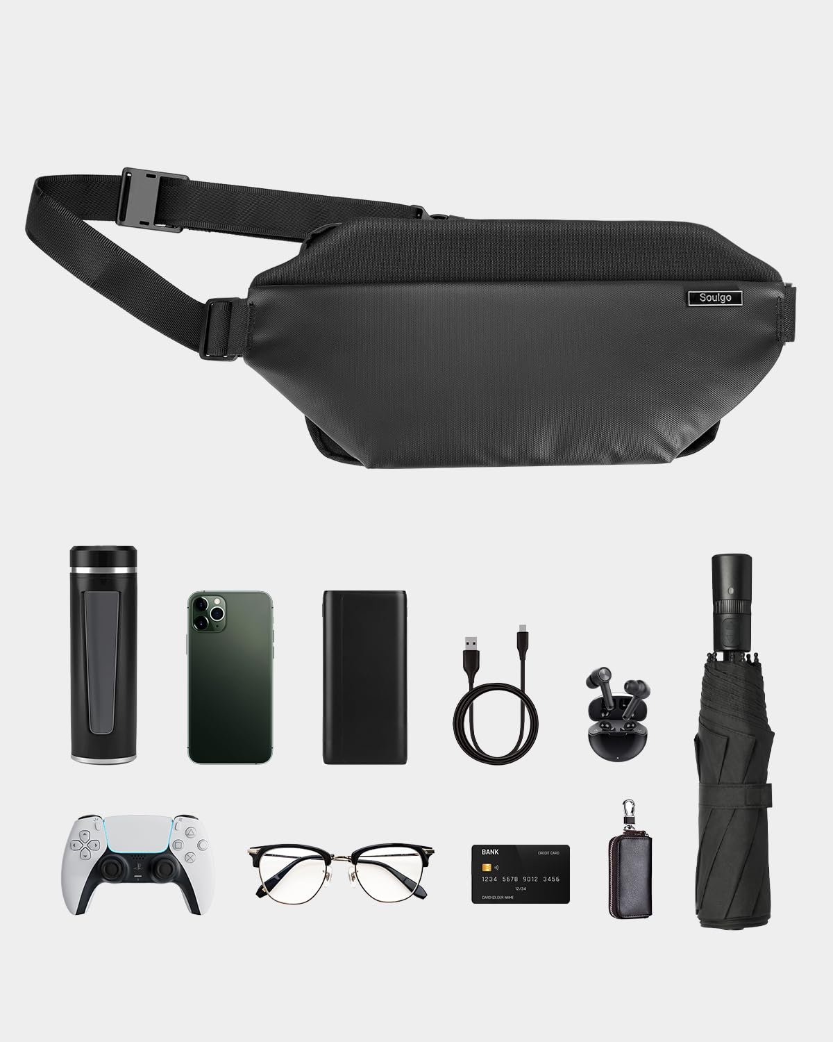 RFID Blocking Sling Bag for Men & Women - Crossbody Chest Shoulder Bag with Water Bottle Holder - Travel, Cycling, Workout, Hiking & Everyday Use - Black