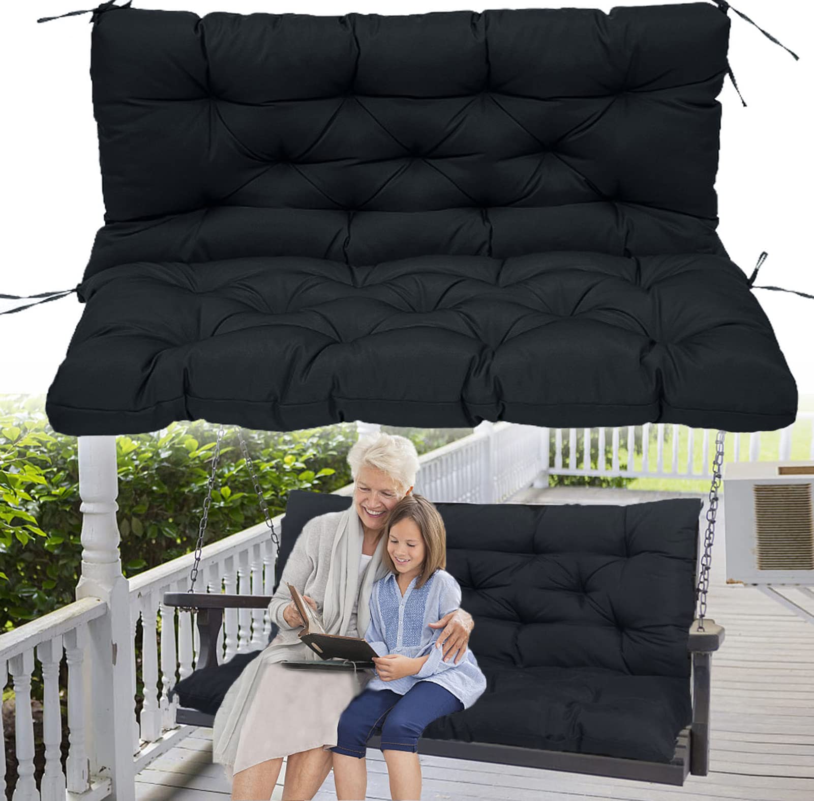 **60 Inch Waterproof Outdoor Bench Cushion with Backrest – Thickened Patio Swing Cushion for 3-Seater Porch Furniture (Black, 40x60 Inch) – Perfect for Garden, Deck, and Backyard Relaxation**