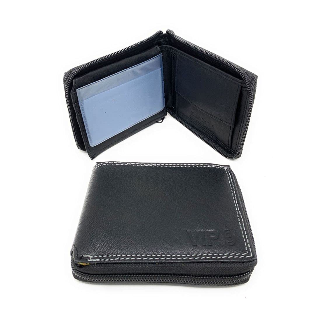 Premium Genuine Leather Slim Bifold Wallet with Zippered Flip-Up ID Window – Empire Cove VIP Classic (Black) | Perfect for Everyday Carry, Business & Travel Essentials