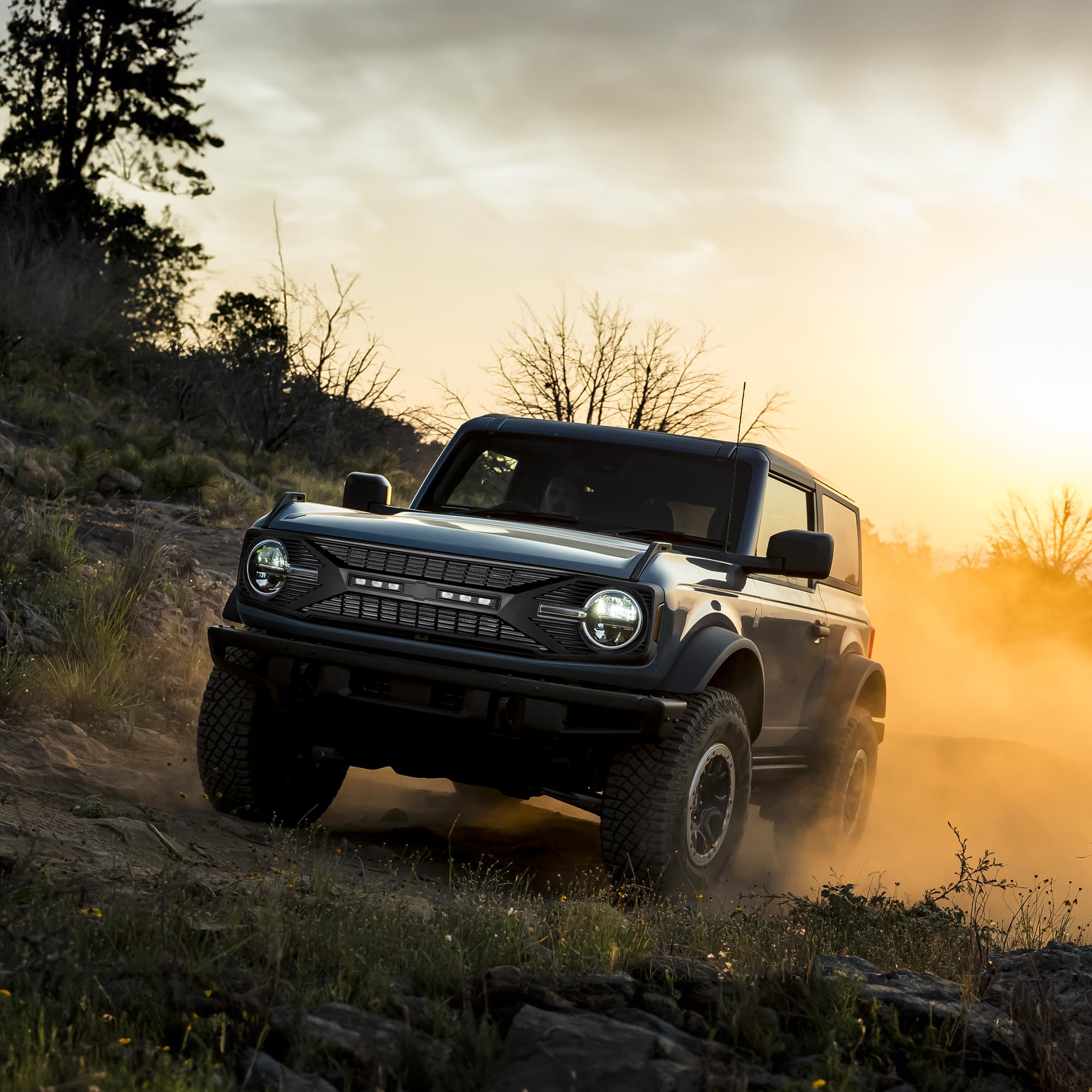 2021-2024 Ford Bronco 2 & 4 Door Matte Black Front Grille Replacement with Off-Road Lights & Camera Compatibility - Upgrade Your Bronco's Off-Road Style for Trail Adventures & Urban Driving