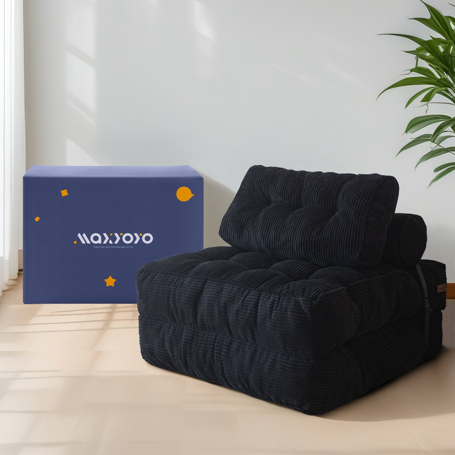 MAXYOYO Corduroy Folding Sofa Bed - Convertible Sleeper Chair with Pillow & Back Support | Foldable Mattress for Small Spaces | Perfect for Guest Room, Studio Apartment & Office Lounges (Black)
