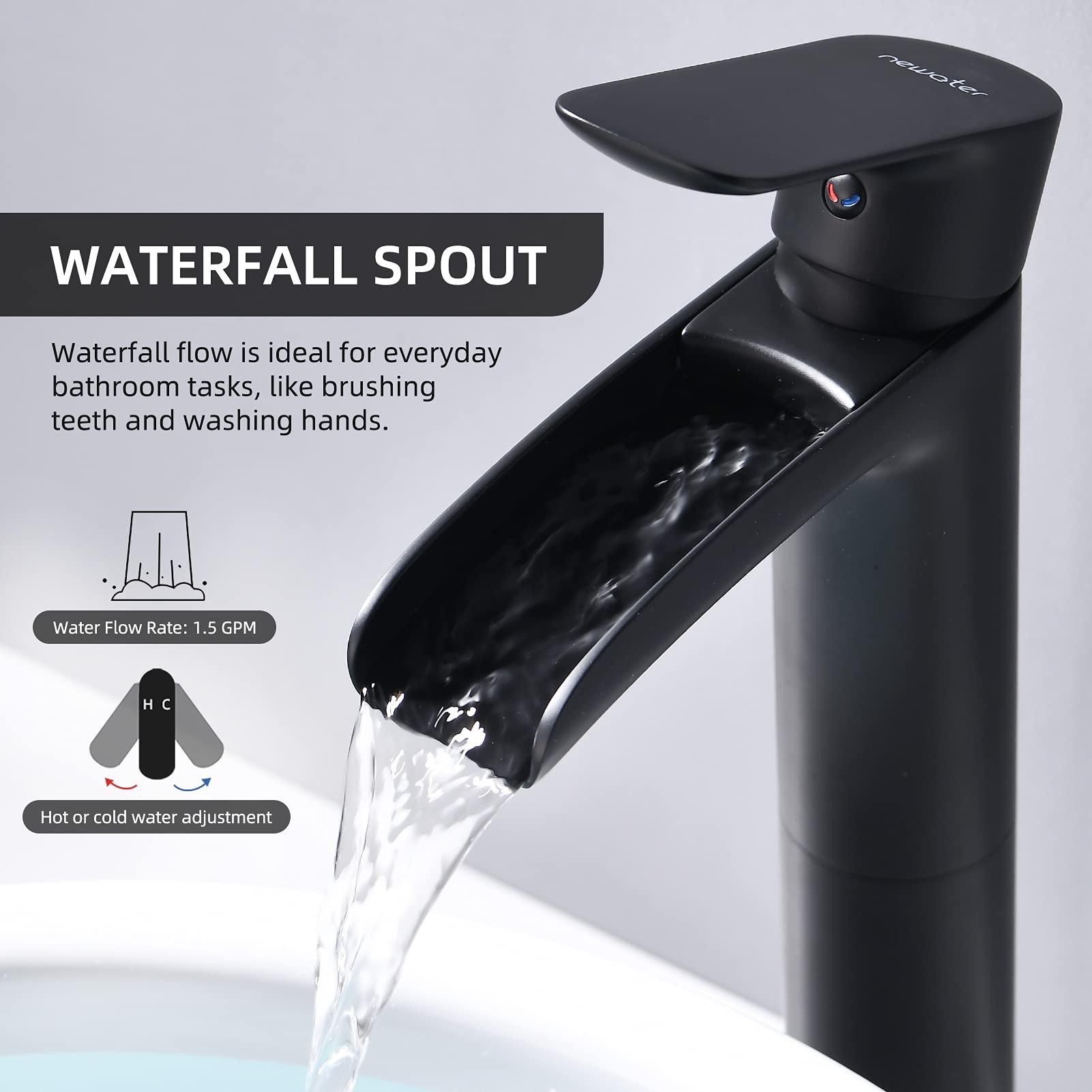 NEWATER Matte Black Vessel Sink Faucet - Tall Brass Waterfall Spout, Single Hole One Handle Bathroom Faucet with Supply Lines - Perfect for Modern Bathroom Vanity, Spa, and Commercial Restroom Sinks