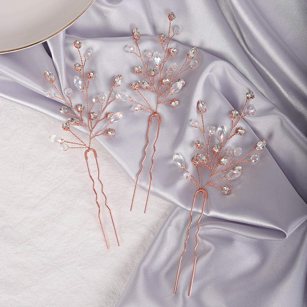 YERTTER 3Pcs Rose Gold Crystal Hair Pins for Wedding - Bridal Hair Accessories with Rhinestones for Bride & Bridesmaids, Perfect for Updos, Buns & Special Occasions