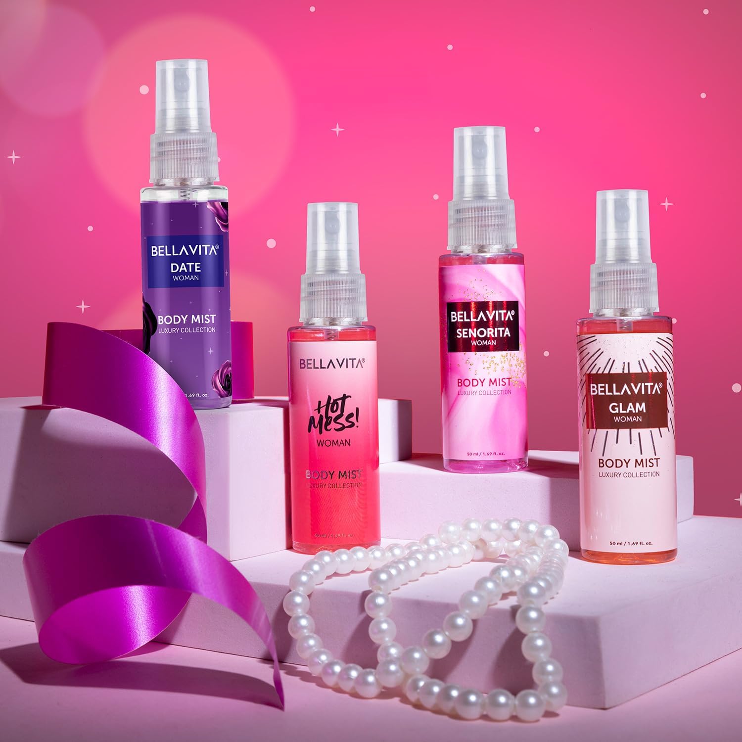 Bella Vita Luxury Body Mist Travel Size Gift Set for Women - Date, Senorita, Glam & Hot Mess Fragrances | Floral & Fruity Scents, Long Lasting 50ml Each | Perfect for Travel, Gifts & Everyday Use