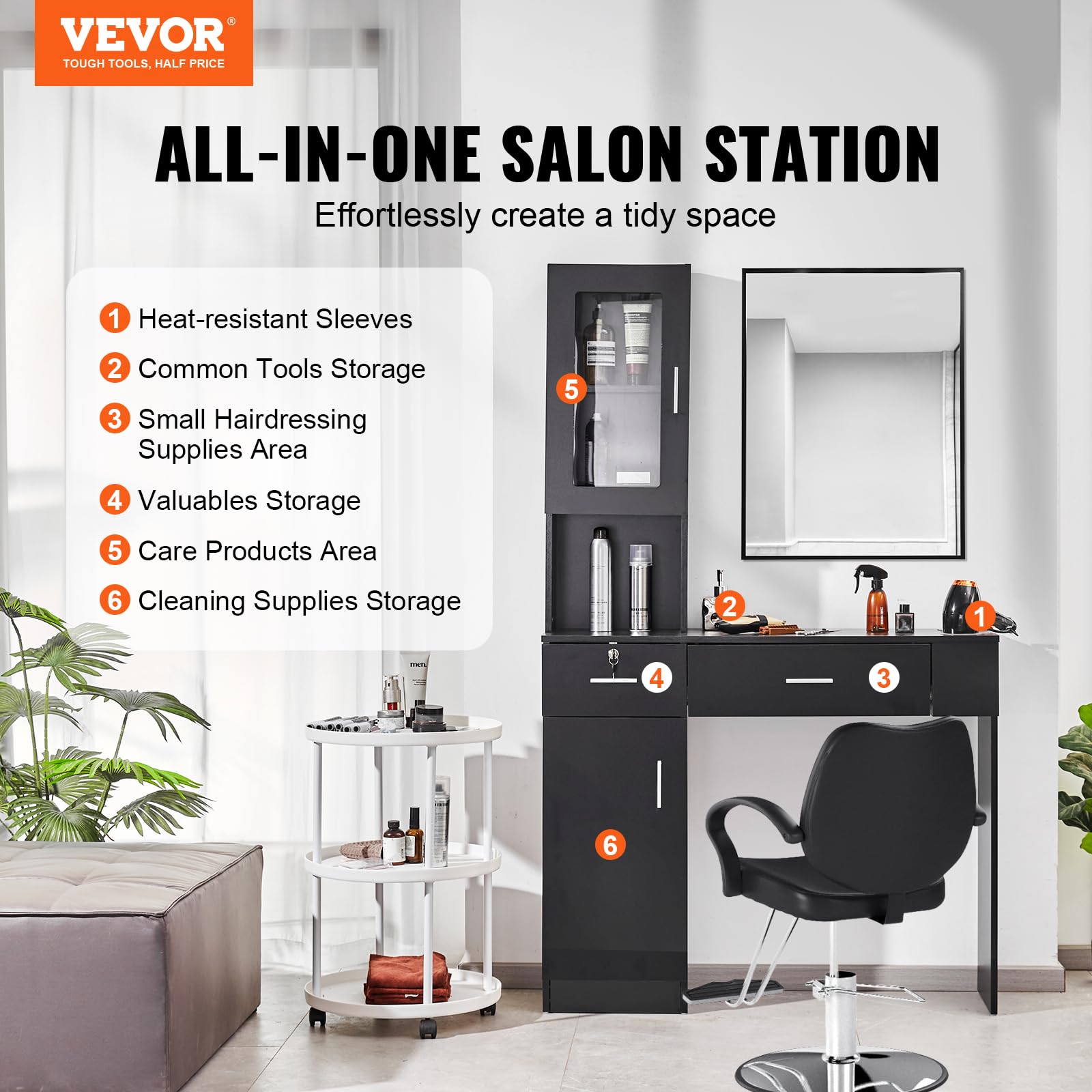 VEVOR Wall Mount Salon Station for Hair Stylists & Barbers - Black Beauty Spa Furniture with Storage Cabinet, 3 Cubbies & 2 Drawers (1 Lockable) - Perfect for Home Salons, Barber Shops & Professional Styling Stations