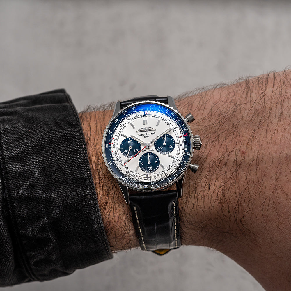 Breitling Navitimer B01 Chronograph 43mm Silver Dial Men's Watch with Leather Strap - Luxury Pilot Watch for Aviation & Business Professionals