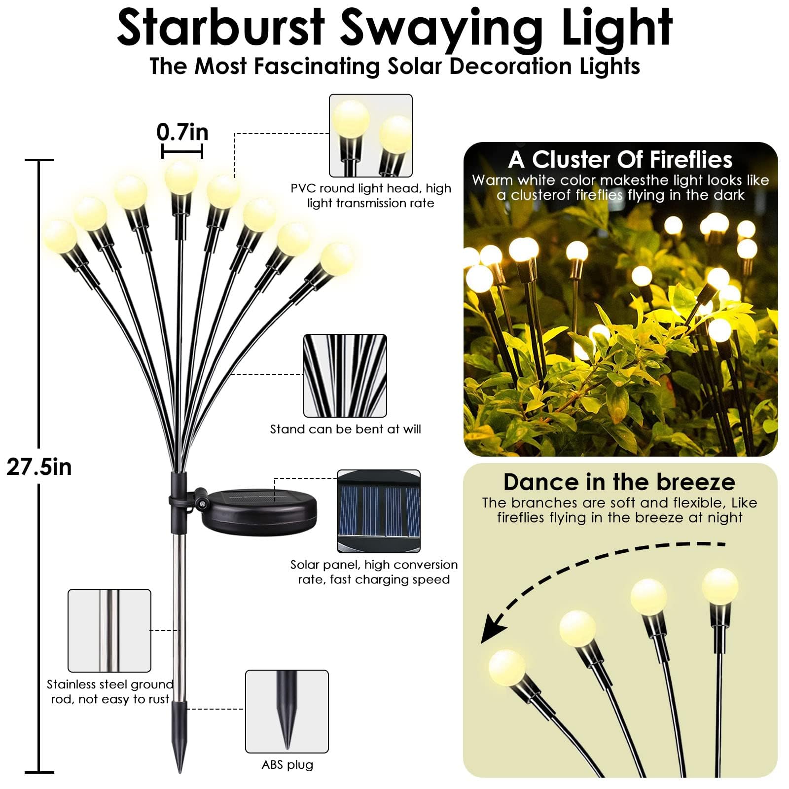BOSSERN 4 Pack Solar Firefly Lights - Waterproof Outdoor Solar Sway Lights with Twinkle Effect, Warm White Solar Fairy Lights for Garden, Patio, Christmas Tree Decorations | Perfect for Backyard, Pathway, and Holiday Lighting