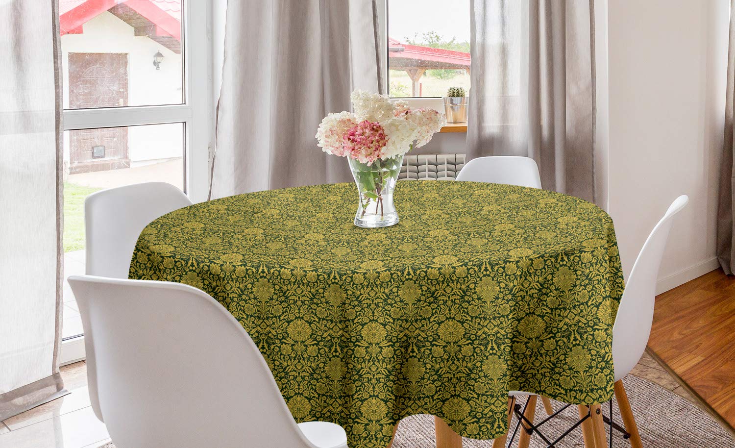 Ambesonne Floral Round Tablecloth 60 Inch - Victorian Baroque Flower Swirl Petals & Branches Print, Green Earth Yellow Circle Table Cover for Dining Room, Kitchen, Party & Wedding Decoration | Waterproof & Wrinkle-Resistant