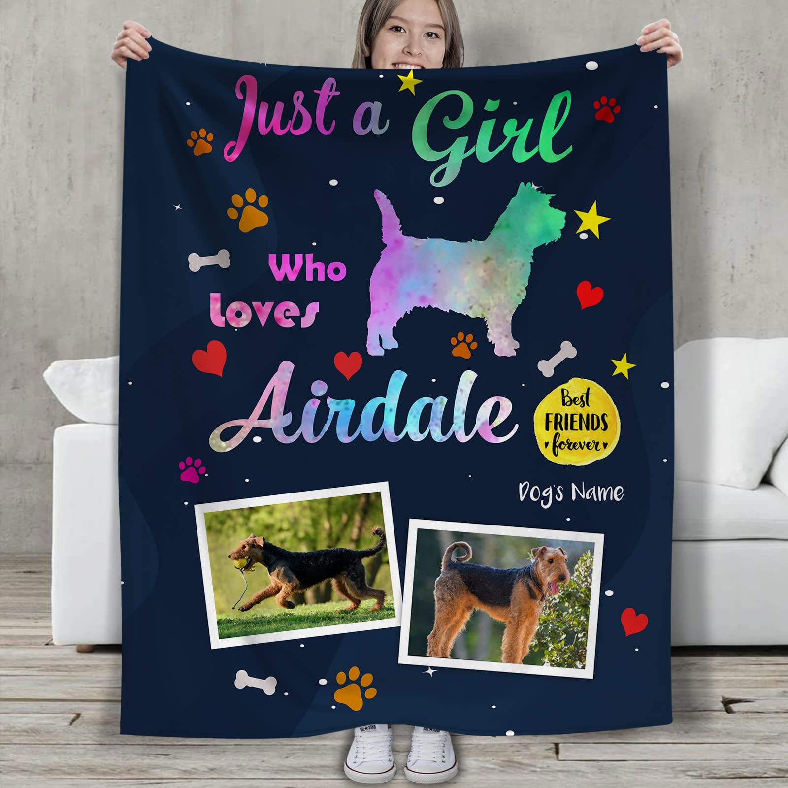 Personalized Airedale Terrier Photo Name Blanket - Custom Dog Memorial Gift for Women & Airedale Lovers - Cozy Throw for Pet Remembrance, Home Decor & Comfort