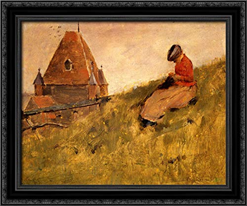 Theodore Robinson 'On The Cliff A Girl Sewing' 24x20 Black Ornate Wood Framed Canvas Art - Vintage Oil Painting Reproduction for Living Room, Bedroom & Office Wall Decor
