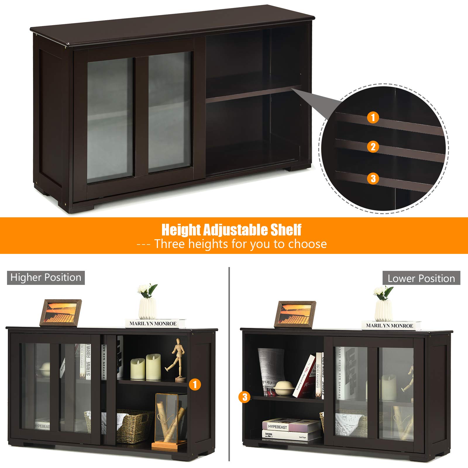Costzon Wooden Sideboard Buffet Cabinet with Adjustable Shelf & Sliding Glass Doors - Kitchen Storage Cabinet, Coffee Bar Console Table for Living Room, Dining Room, Hallway - Perfect for Home Decor & Entertaining Guests
