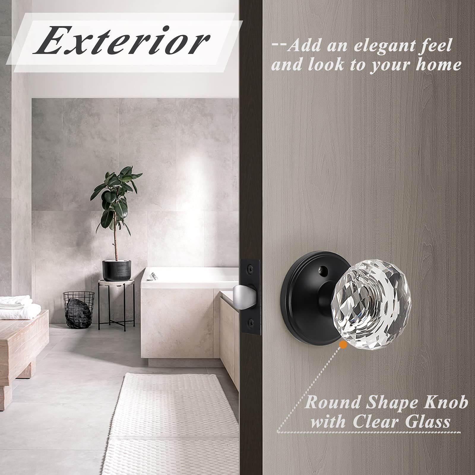 Probrico 3-Pack Black Faceted Diamond Crystal Door Knobs with Lock - Heavy Duty Glass Privacy Door Knobs for Bedroom & Bathroom - Round Interior Door Handles with Rosette for Home, Office & Hotel Use