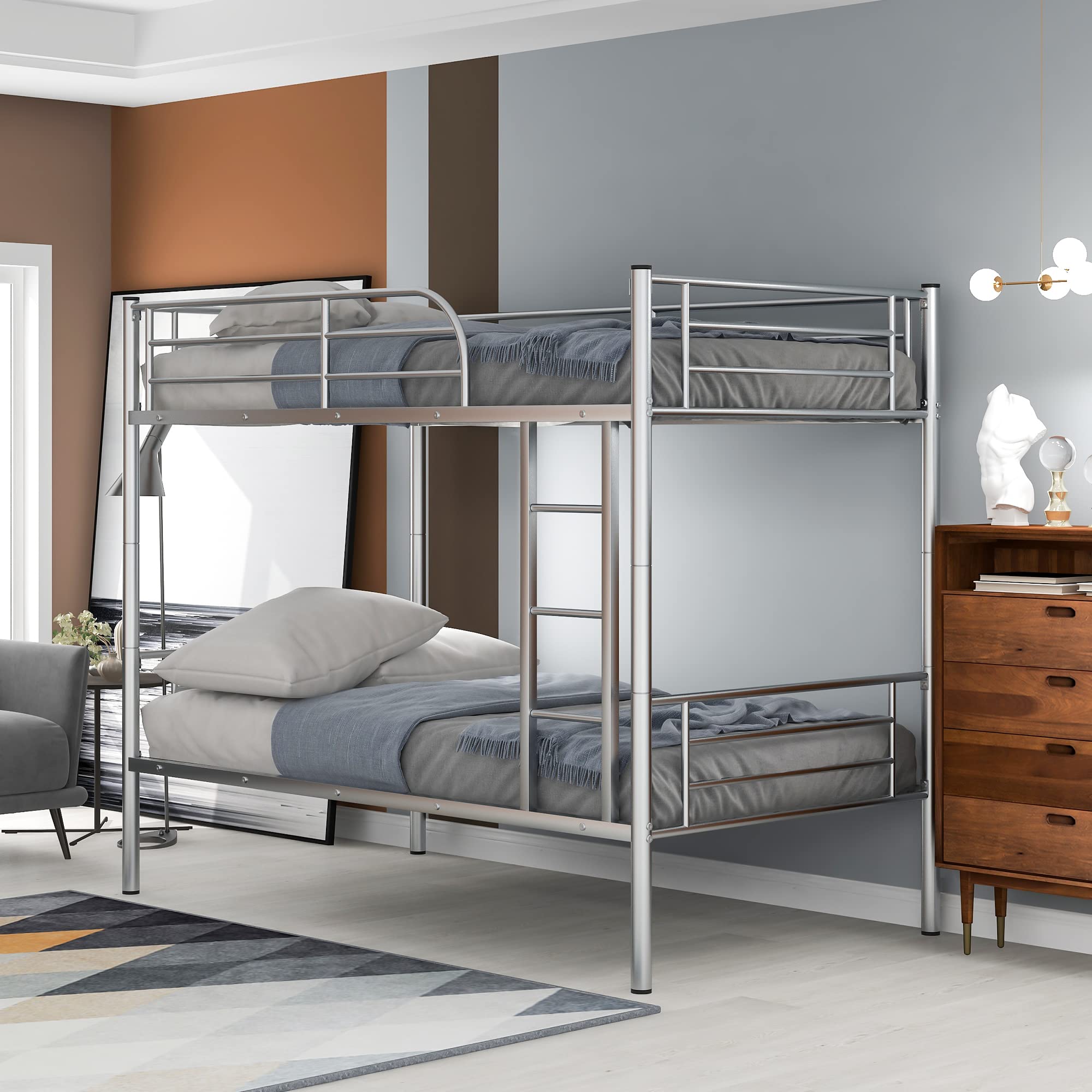 Merax Twin Over Twin Metal Bunk Bed with Removable Ladder - Space-Saving Bed for Kids, Teens & Adults - Sturdy Silver Frame - Perfect for Small Bedrooms, Dorms & Guest Rooms