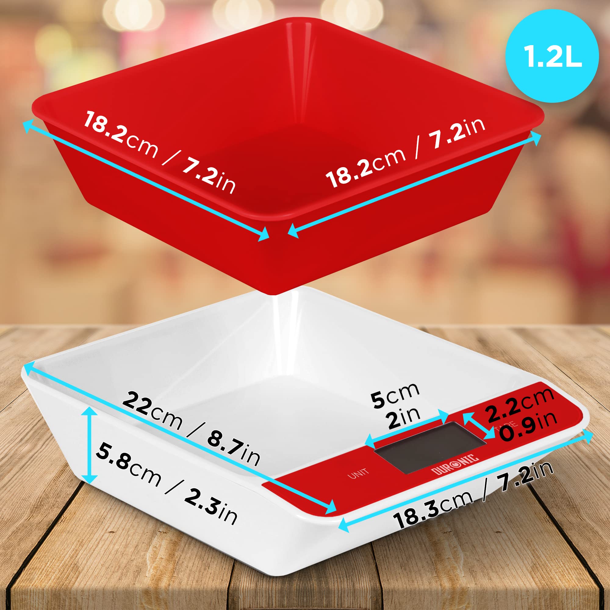 Duronic KS100 RD Digital Kitchen Scale with Bowl – Precise Electronic Weighing Scale for Cooking, Baking, Measuring Pet Food & Mail | LCD Display with Tare Function | Perfect for Home Bakers, Meal Prep & Portion Control