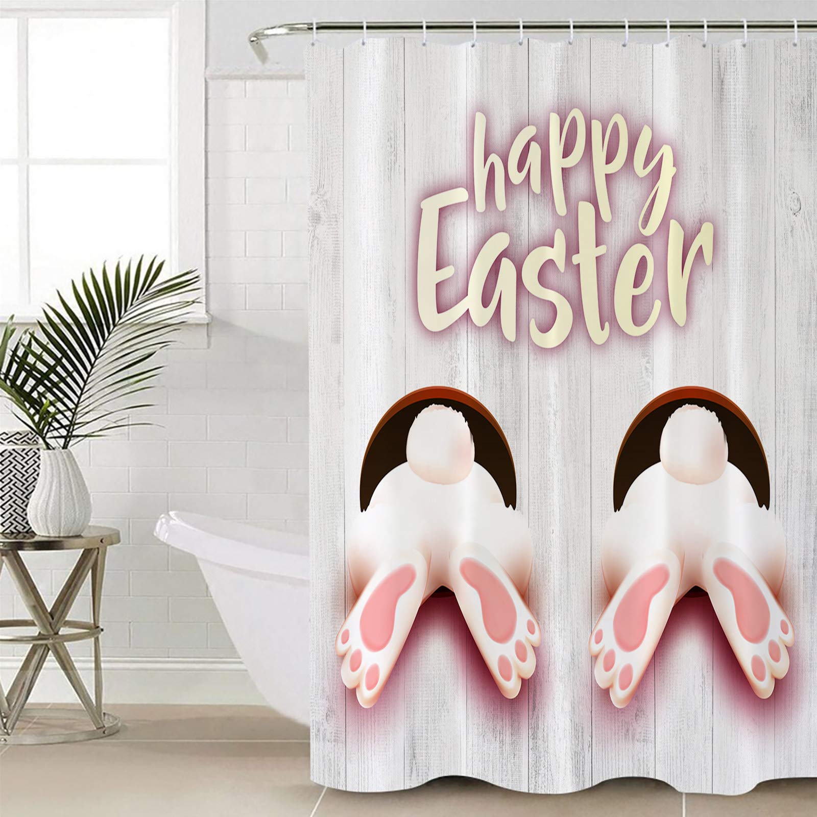 Funny Rabbit Easter Non-Slip Shower Curtain Set - 4PC Bathroom Decor with Rug, Toilet Cover & 12 Hooks | Durable Washable Waterproof Bath Mat for Home Decor | Perfect for Easter Decorations, Spring Bathroom Makeover & Gift Ideas