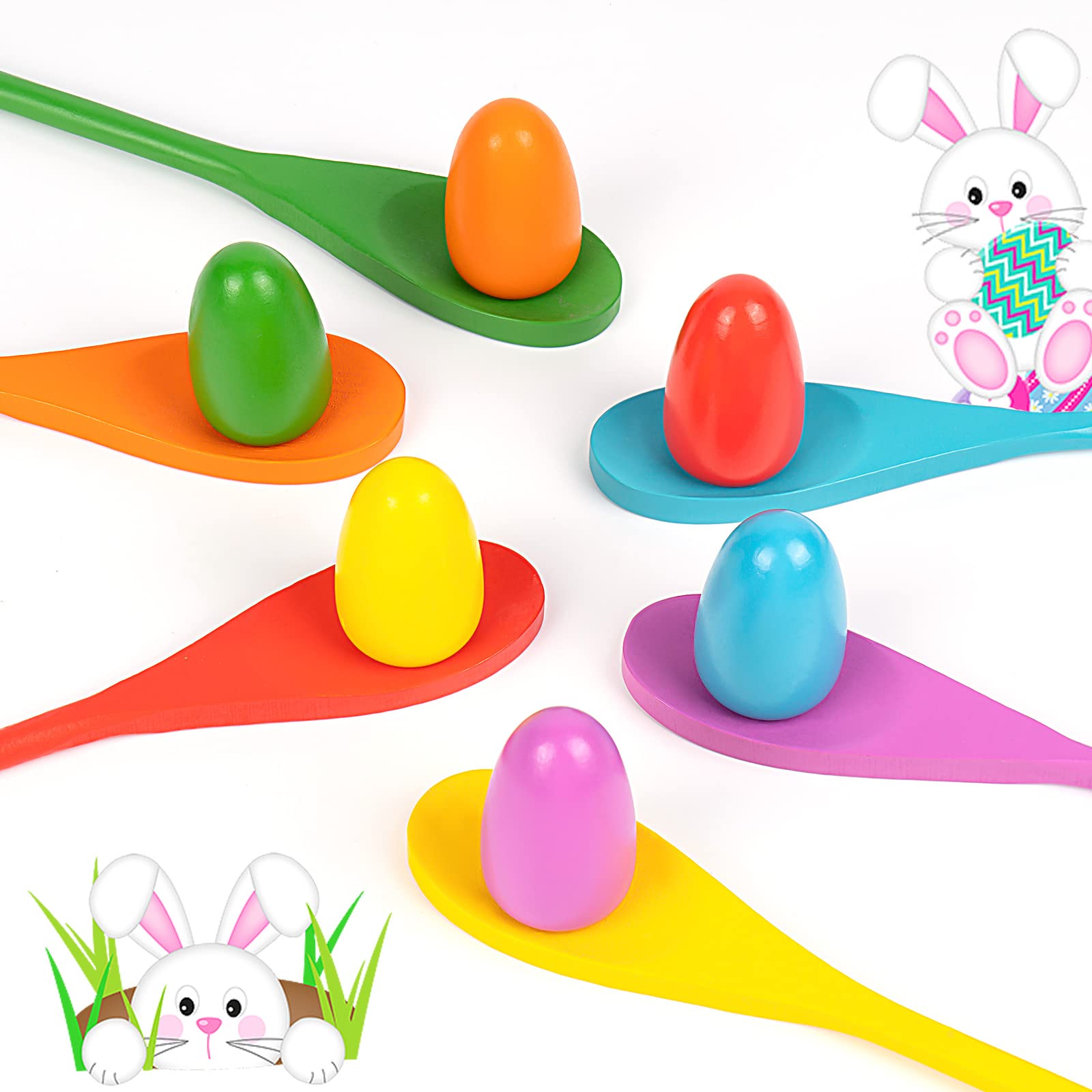 24 Pack Easter Egg and Spoon Race Game Set - 6 Colors with 12 Plastic Eggs & 12 Spoons - Fun Kids Outdoor Party Games for Easter, Halloween, Birthday Parties & Field Day Activities