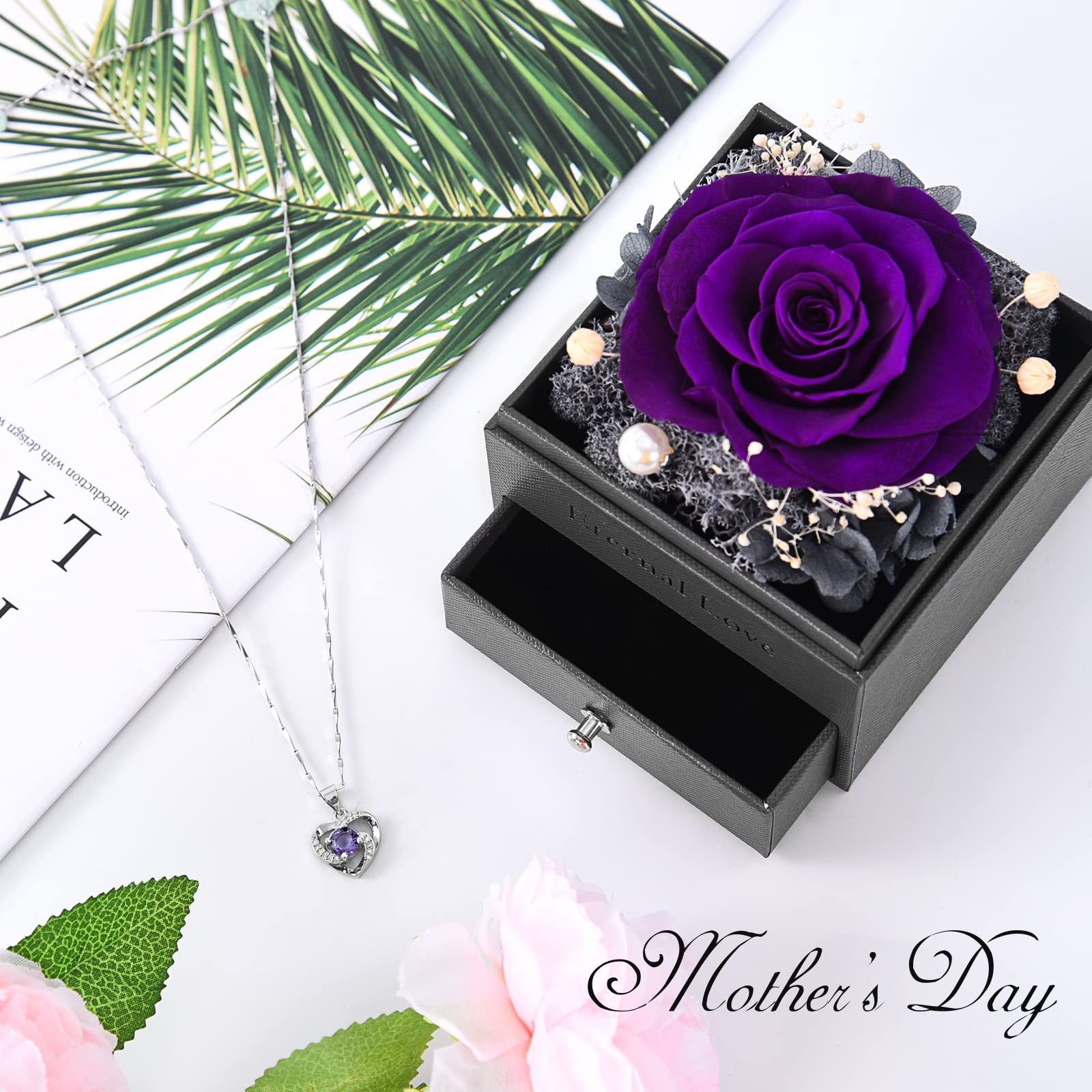 SHOKUTO Preserved Rose Jewelry Box with Necklace - Romantic Birthday Gift for Women, Mom, Girlfriend, Wife, Daughter, Sister - Perfect for Valentine's Day, Anniversary & Special Occasions