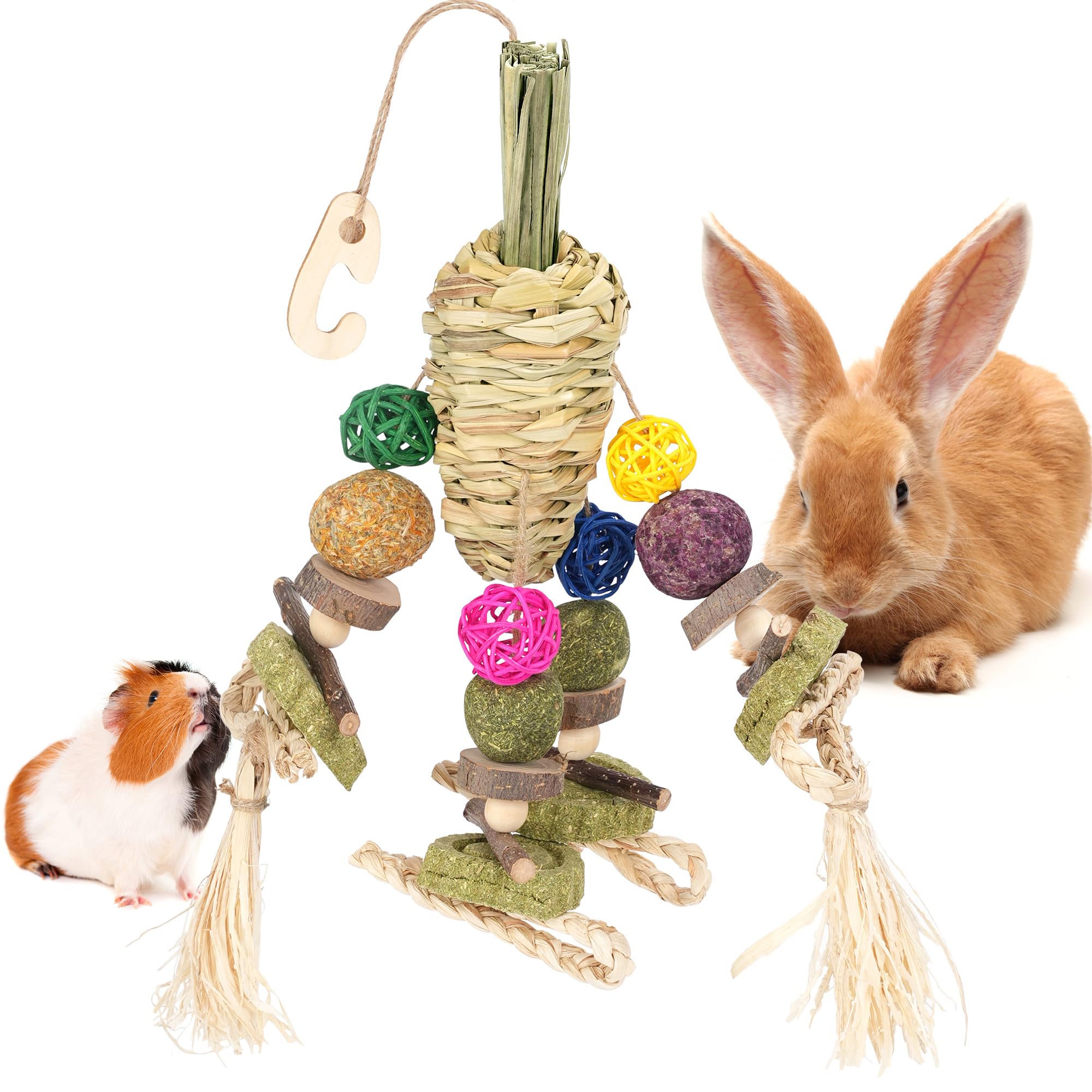 Natural Woven Carrot Chew Toys for Rabbits, Guinea Pigs, Hamsters & Small Pets - Hanging Cage Treat Dispenser with Snacks - Perfect for Teeth Grinding & Boredom Relief - Great for Cage Enrichment & Playtime