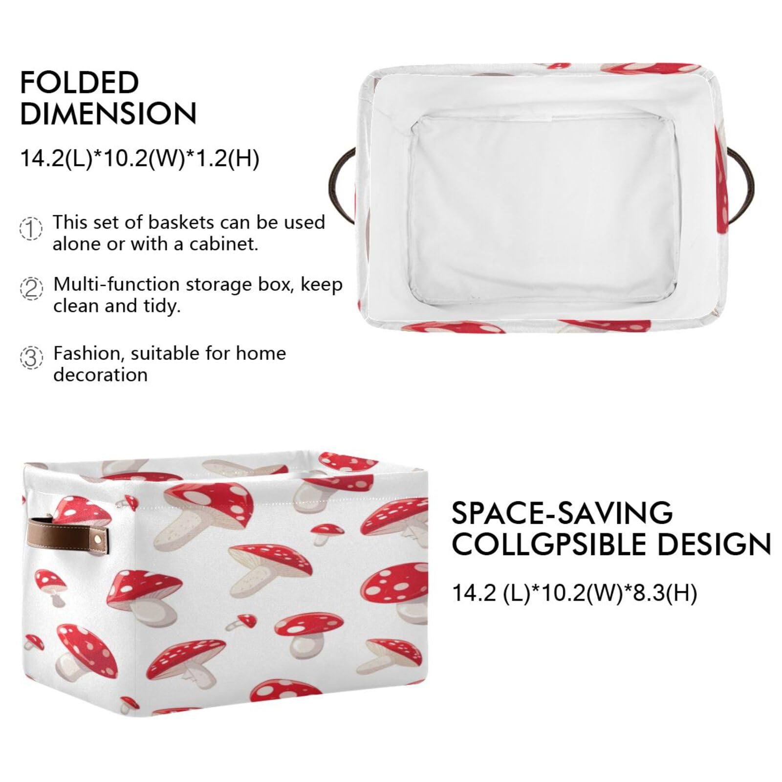 Large Fabric Storage Bins with Handles - Collapsible Closet Organizer Baskets for Shelves, Clothes & Toys | Decorative Mushroom Pattern Home Storage Solution for Bedroom, Nursery & Living Room Organization
