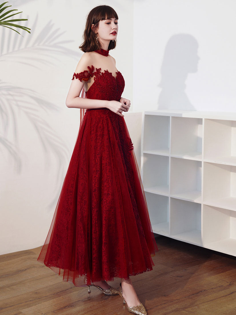 Elegant Burgundy Tulle Lace Tea-Length Prom Dress | Burgundy Evening Gown for Homecoming, Wedding Guest & Formal Events