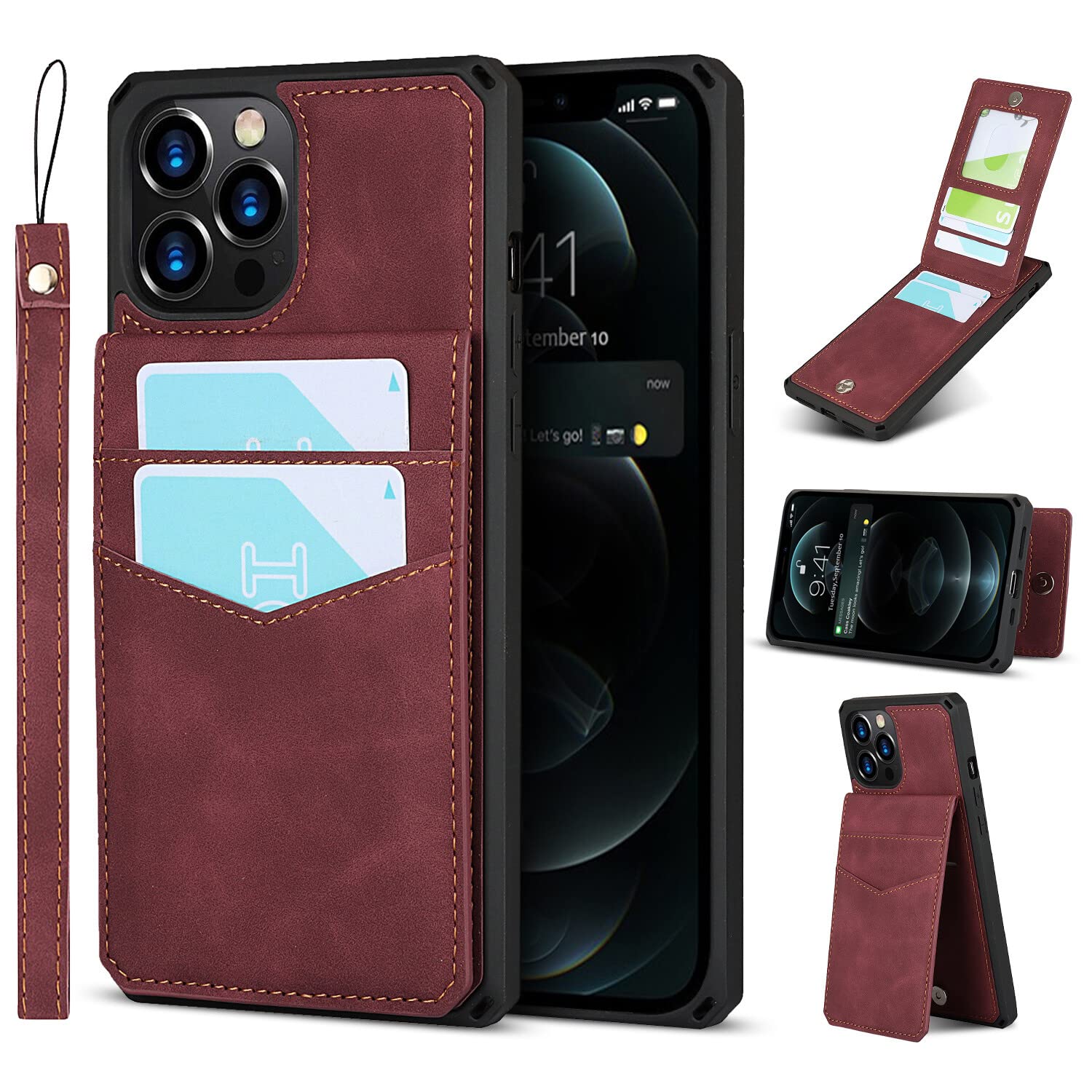 Premium PU Leather iPhone 12/12 Pro Wallet Case with Card Holder & Kickstand - Shockproof Protective Cover with Wrist Strap for Men & Women (Red) - Perfect for Everyday Use, Travel, and Hands-Free Convenience