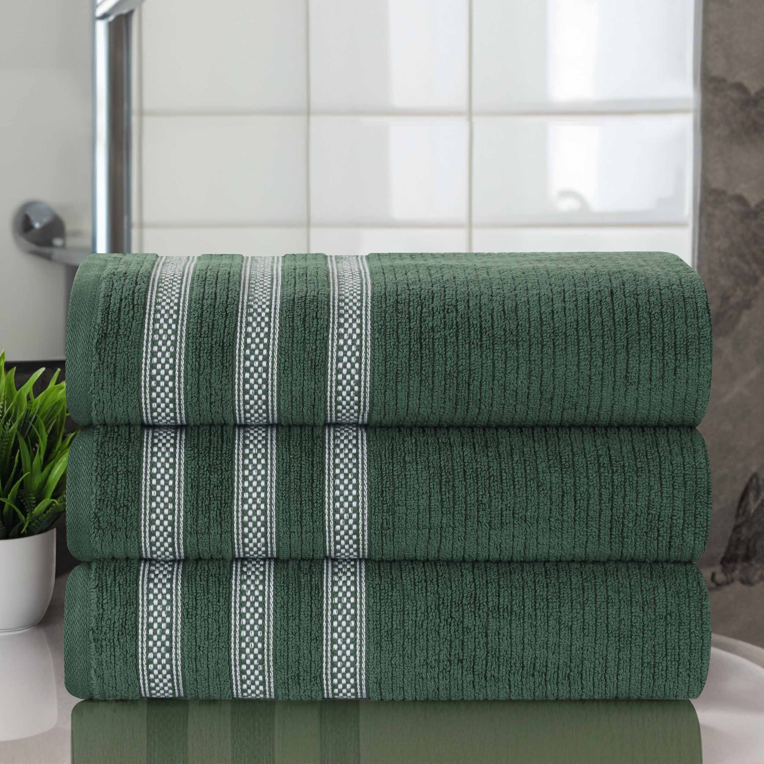Premium Zero Twist Cotton Ribbed Geometric Border Plush Bath Towel Set of 3 - Ultra Soft & Absorbent, Luxury Spa & Bathroom Essentials for Home, Hotel, Gym