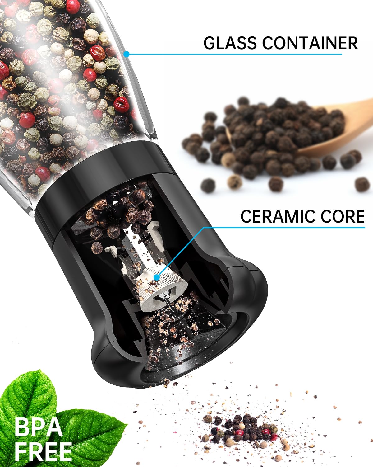 Premium Manual Pepper Grinder - Professional Chef Spice Mill with Ceramic Blades, Adjustable Coarseness & BPA-Free 180ml Glass Container - Ideal for Kitchen, Dining Table & Gourmet Cooking - Short Black Refillable Pepper Shaker