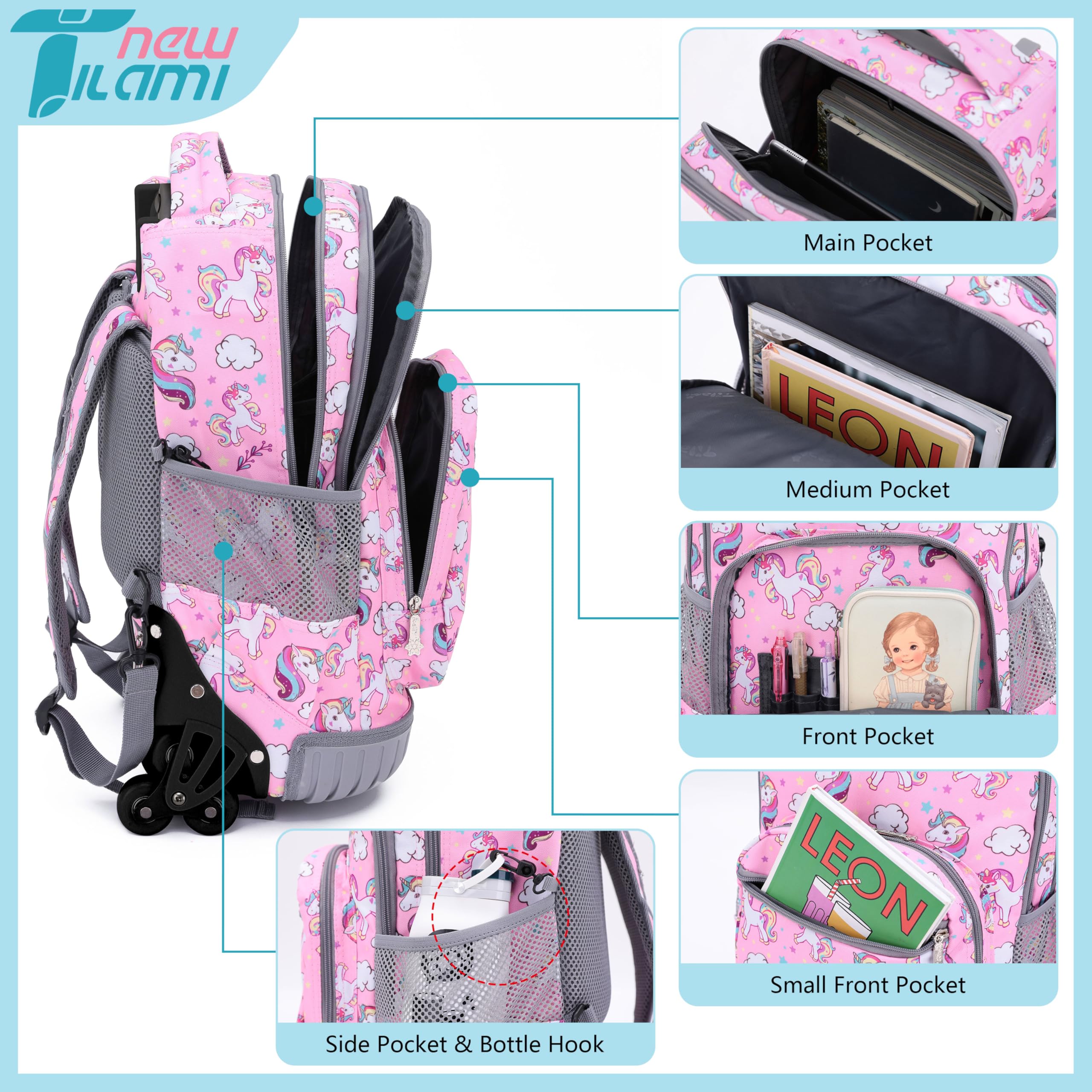 TILAMI Unicorn Rolling Backpack for Kids - 18 Inch Adjustable Wheeled Laptop Backpack for Girls & Boys, School Travel Backpack with Wheels, Perfect for School, Travel, Camping & Daily Use