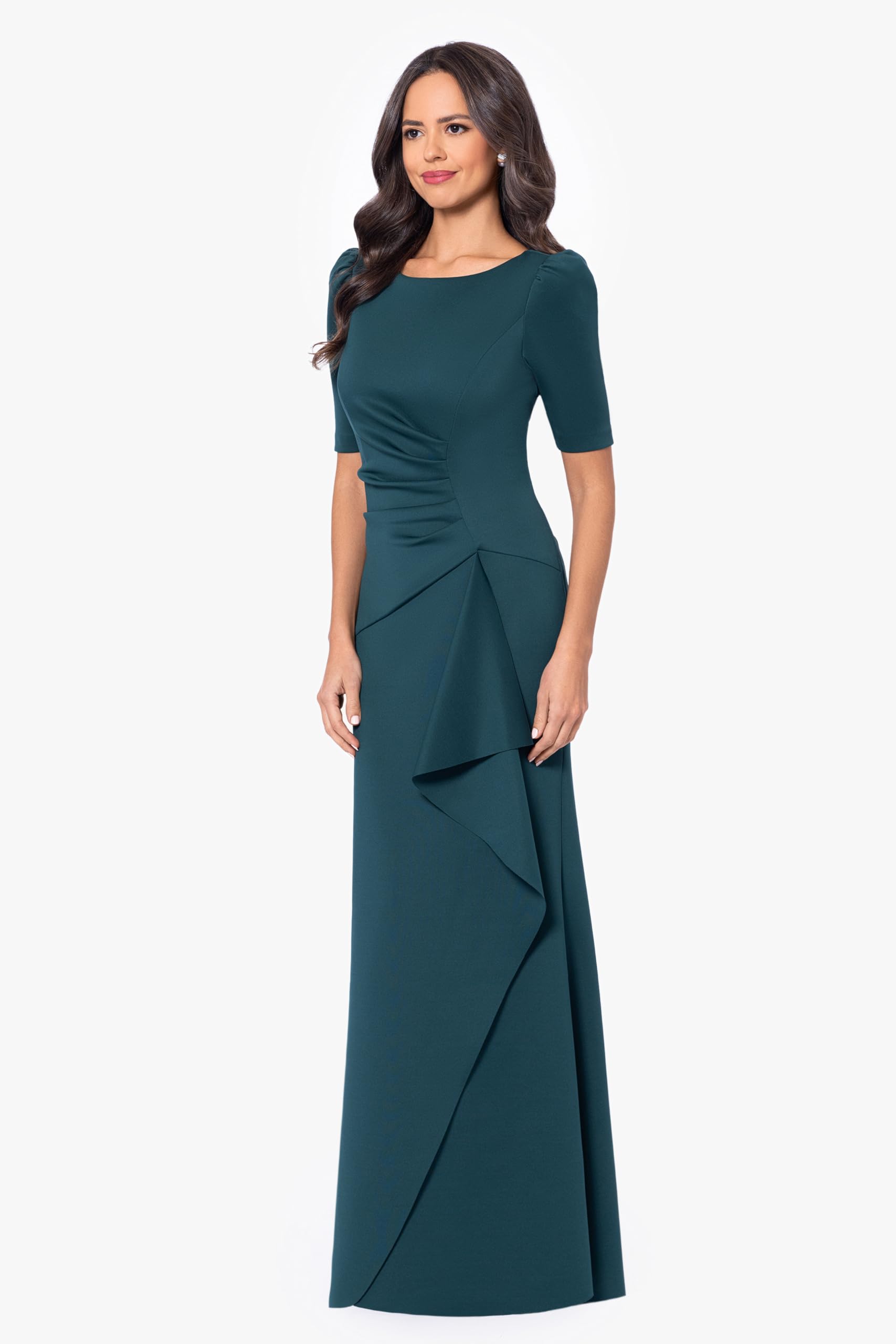 Xscape Women's 3/4 Sleeve Long Scuba Dress with Side Ruching - Slim Fit Stretchy Bodycon Dress for Cocktail Party, Date Night & Special Occasions