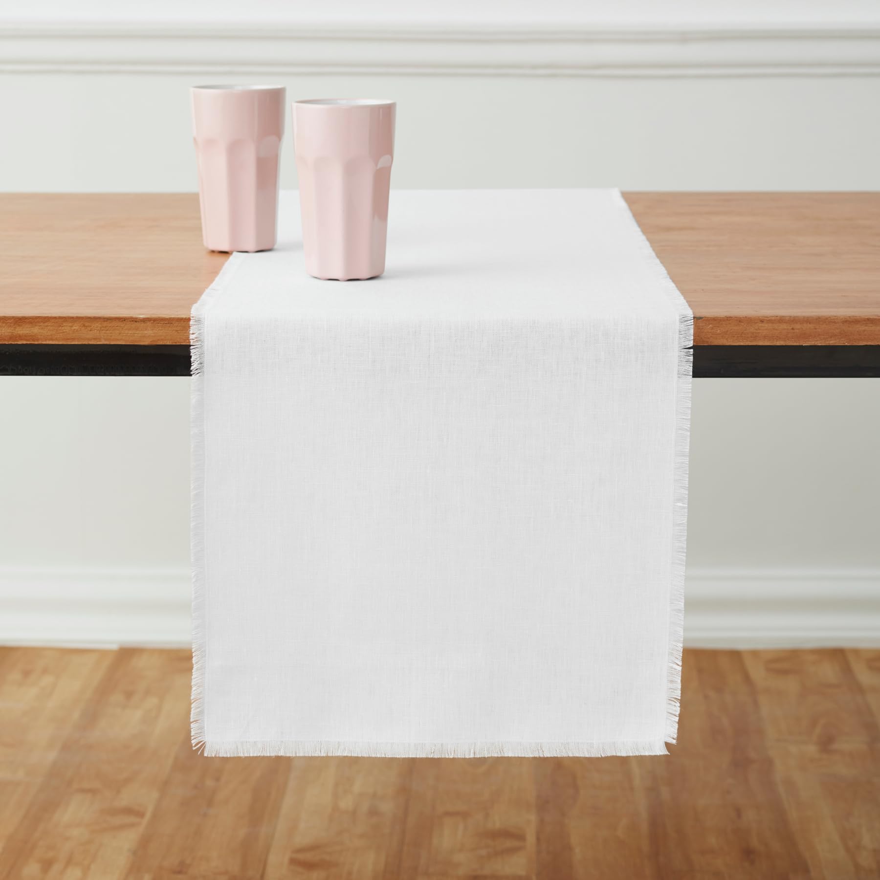 Solino Home 100% Pure Linen White Fringe Table Runner 14x60 Inch - Elegant Short Tablecloth for Coffee Table, Dresser, Dining Table - Perfect for Spring Decor, Easter Party, Wedding & Home Decoration