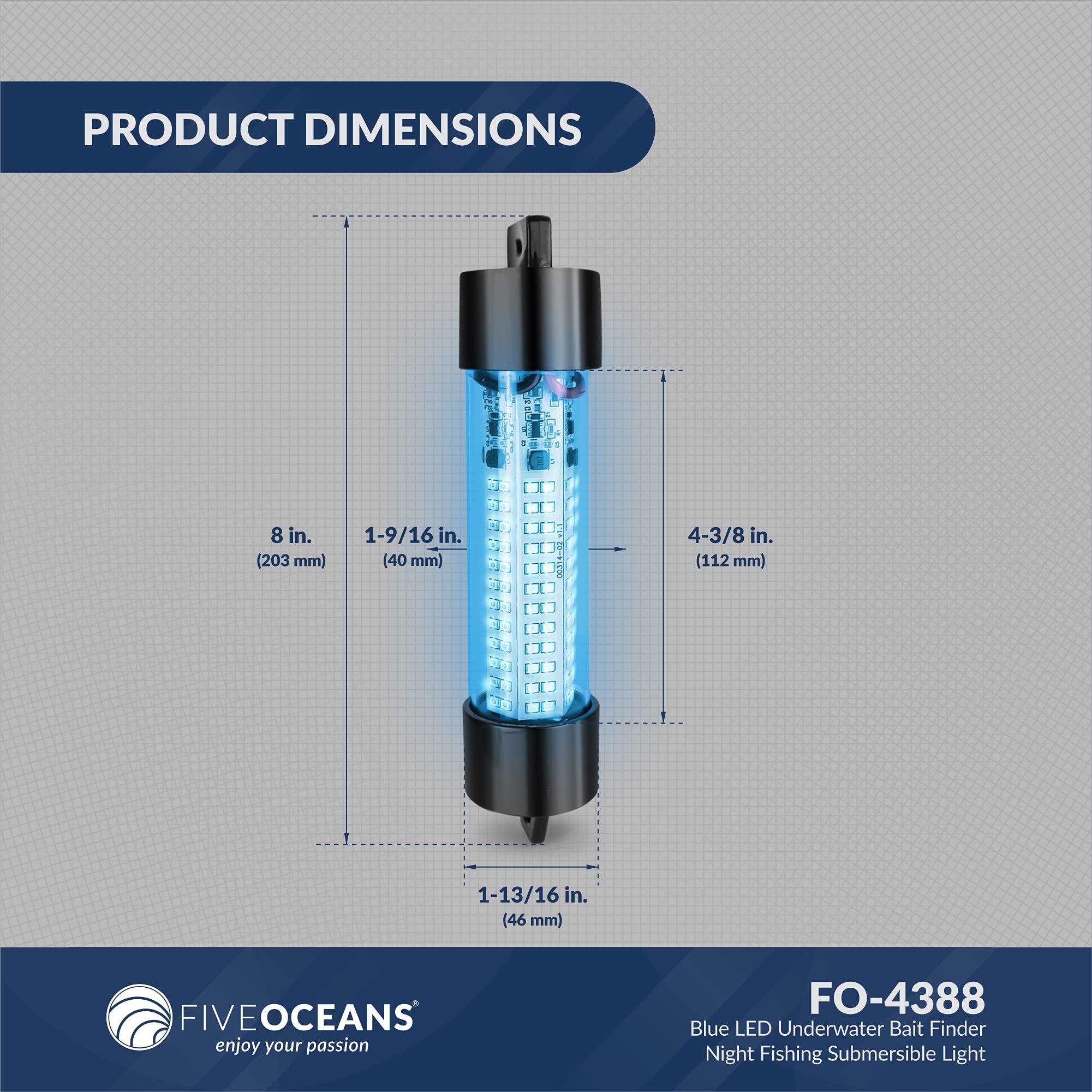 Five Oceans Blue LED Underwater Fishing Light - 144 LED Submersible Fish Finder Lamp with 17ft Power Cord (10-30V FO4388) - Perfect for Night Fishing, Ice Fishing & Boat Fishing