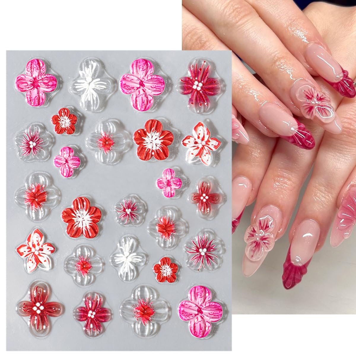 5D Embossed Hibiscus Flower Nail Art Stickers with Gold Beads - Self-Adhesive Floral Nail Decals for Women & Girls (2 Sheets) - Perfect for Autumn Manicures, Bridal Nails, and Special Occasion Nail Art