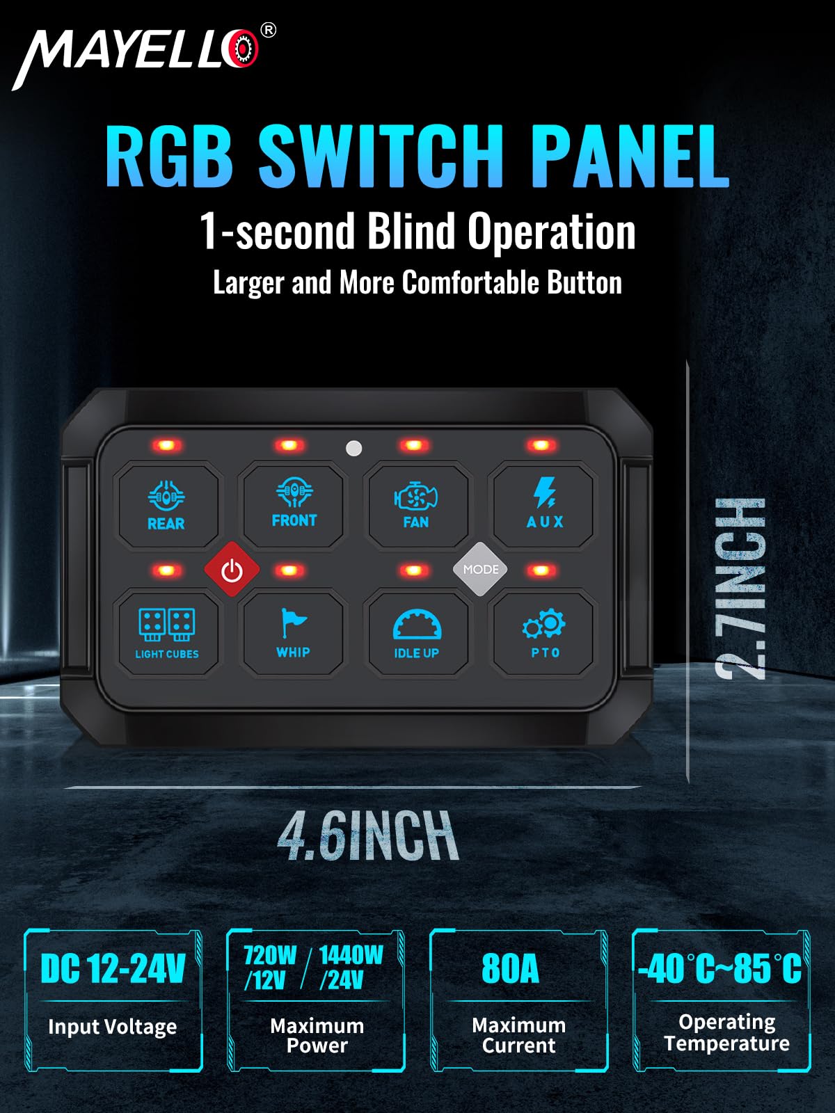 MAYELLO RGB 8 Gang Switch Panel with Memory Function - Auto-Dimmable Toggle Momentary Pulsed Multifunction Switch Panel Pod 12-24V Waterproof for Truck Boat UTV - Perfect for Off-Road Vehicles, Marine & RV Lighting Control (2-Year Warranty)