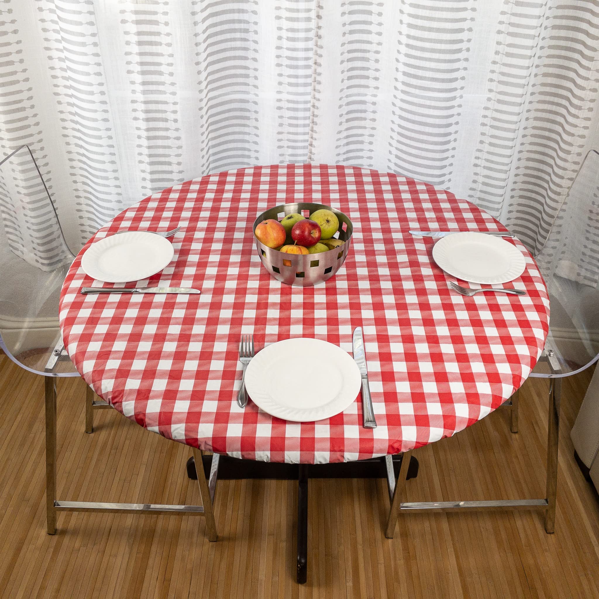 Round Elastic Vinyl Tablecloth with Flannel Backing - Waterproof, Wipeable Fitted Table Cover for Indoor & Outdoor Use (Red Checkered, Fits 46