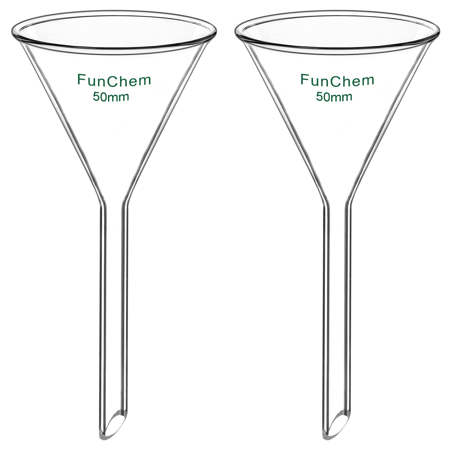 2 Pack Short Stem Borosilicate Glass Lab Filter Funnel - 50mm Diameter, Chemical Resistant for Home Brewing, Essential Oil Distillation & Science Experiments