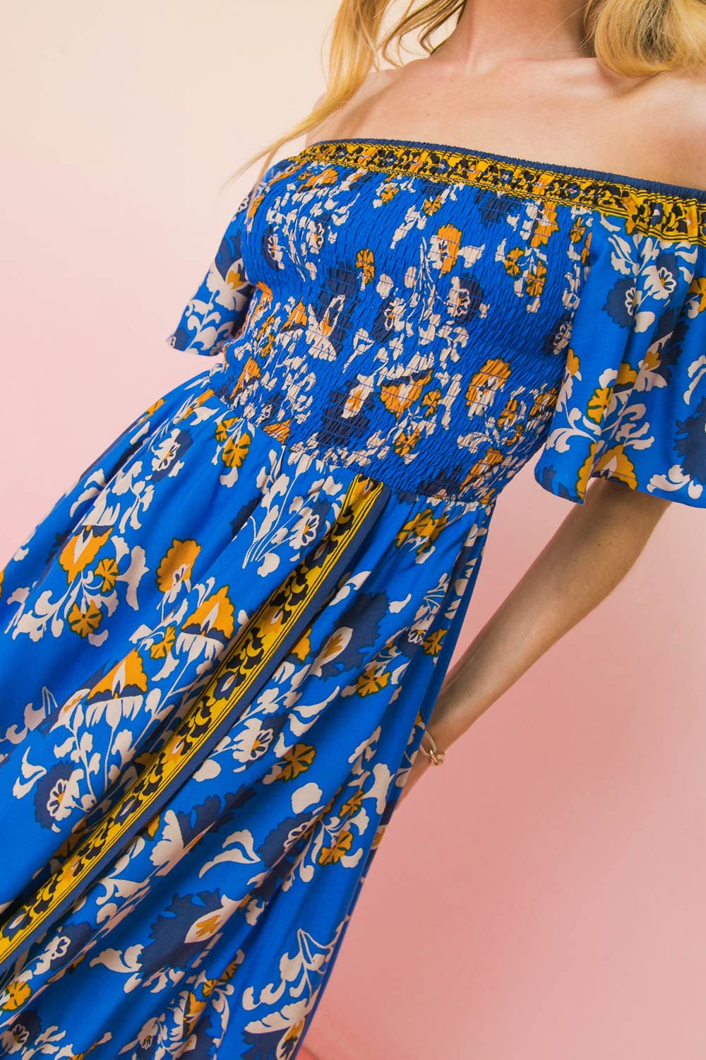 Bohemian Off Shoulder Maxi Dress with Hi-Low Hem - Tropical Floral Smocked Summer Dress for Beach Vacation & Outdoor Party