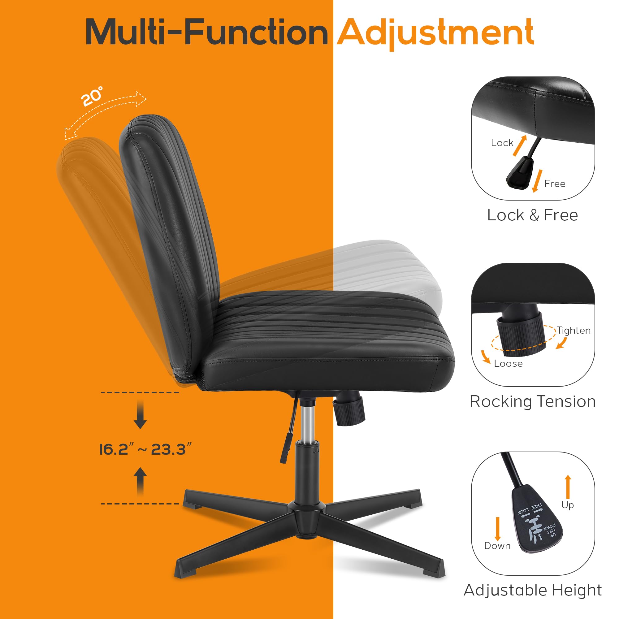 DUMOS Criss Cross Chair Legged Office Chair - Wide Comfy Desk Seat Without Wheels, Armless Computer Task Chair, Swivel Vanity Chair with Height Adjustable - Perfect for Home Office, Gaming & Study