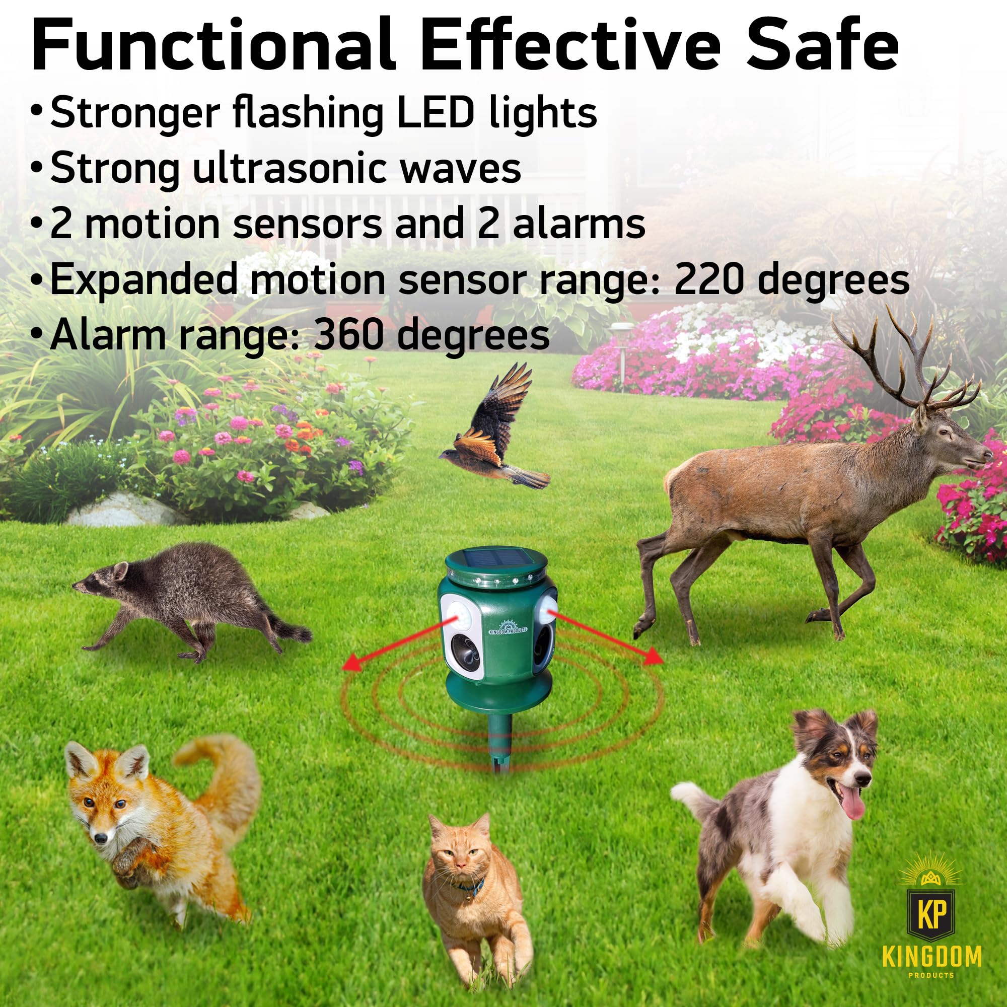 2024 Upgraded Solar Animal Repeller - 220° Wide-Angle Motion Detection, Ultrasonic & LED Deterrent with Dual Alarms for Outdoor Pest Control | USB Rechargeable | Perfect for Gardens, Yards & Farms Protection